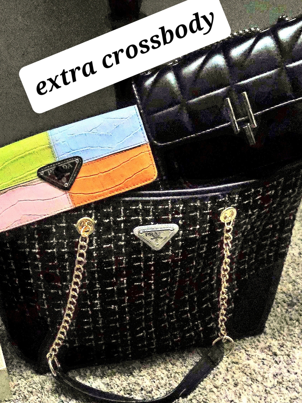 For 3! Blk Tweed Tote+PR@D@A Trifold Wallet & Black Crossbody SET